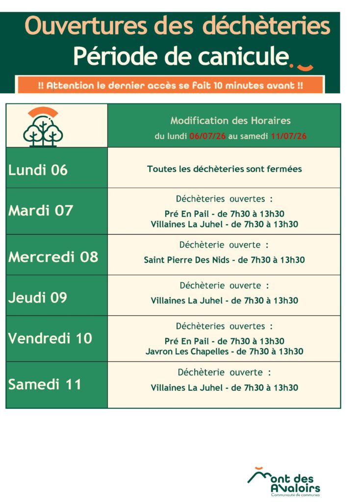 2026 Horaires déchèteries canicule du 6 au 11 juillet